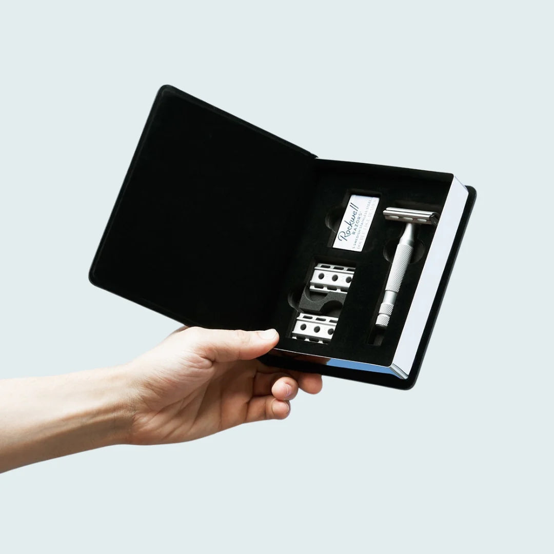 Rockwell 6S stainless steel safety razor displayed alongside its premium packaging box, ideal for gifting and storage.